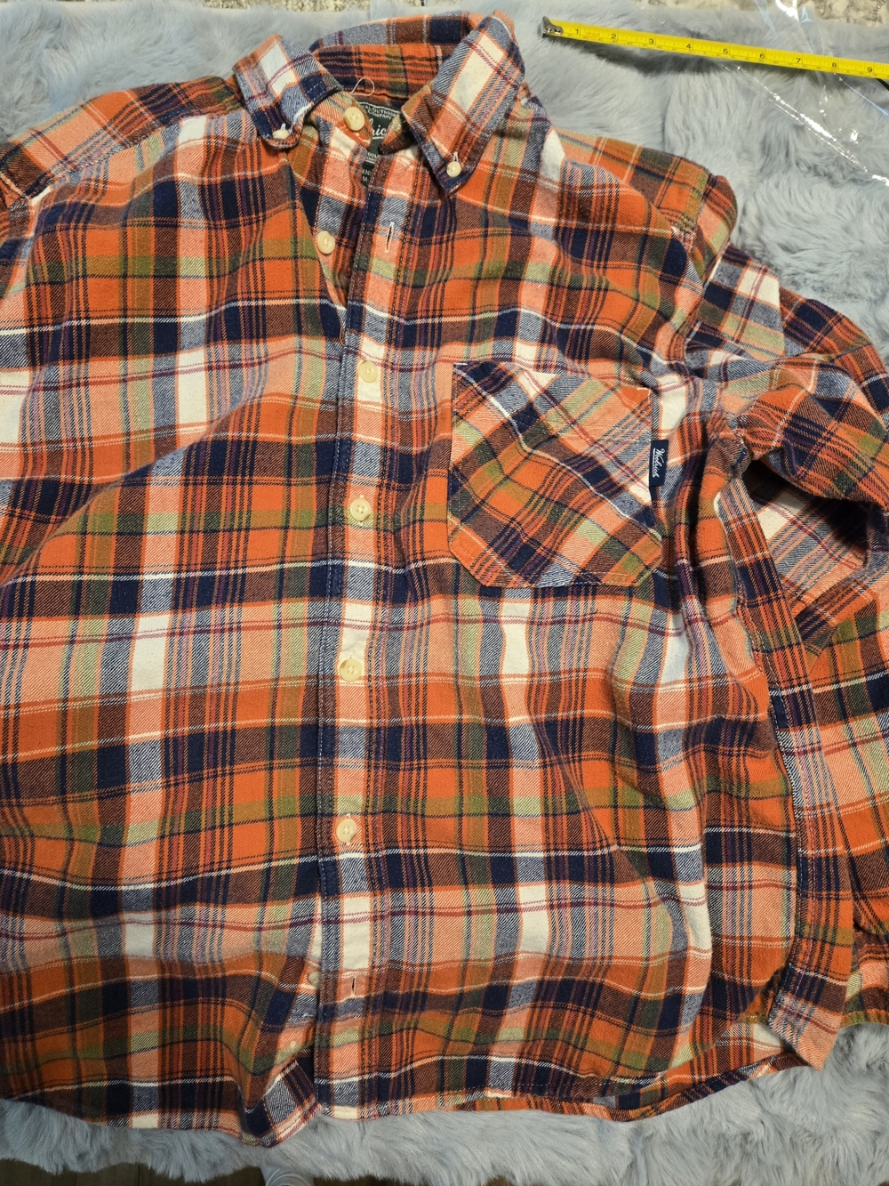 Woolrich Heavyweight Cotton Flannel Shirt Mens M Plaid Orange Navy